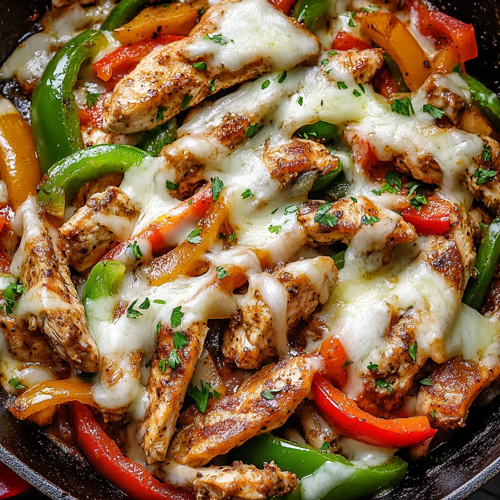 A skillet of chicken cheesesteak with peppers and onions.