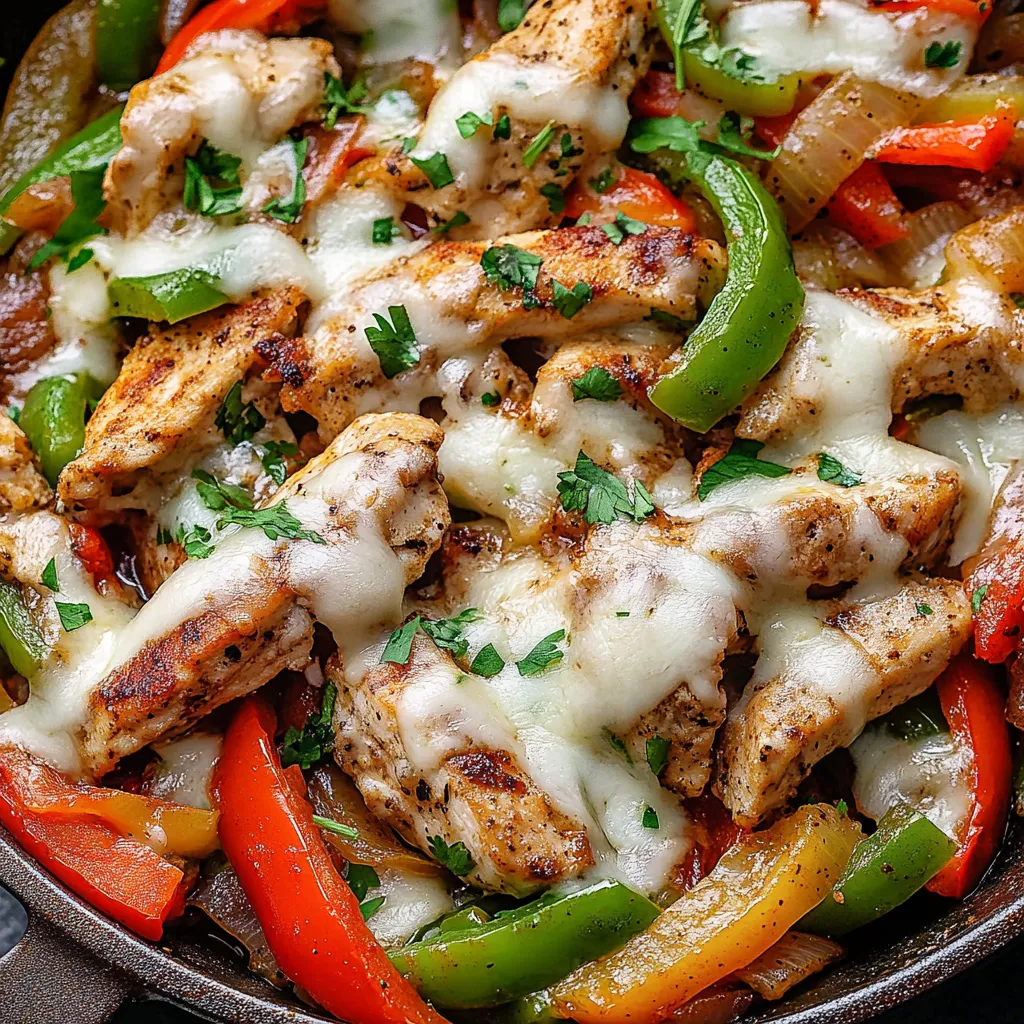 A skillet of chicken cheesesteak with peppers and onions.