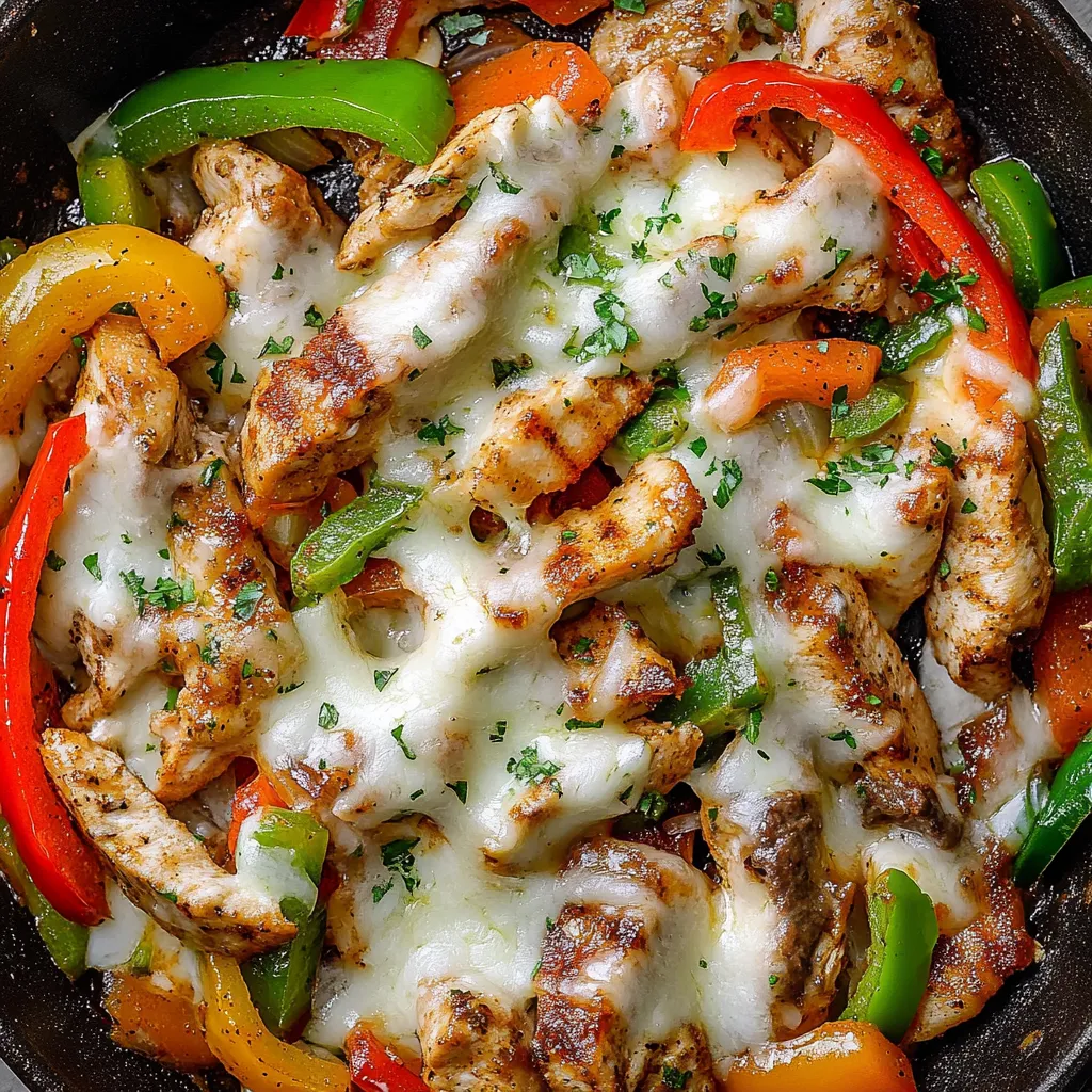 A skillet of chicken cheesesteak with peppers and onions.
