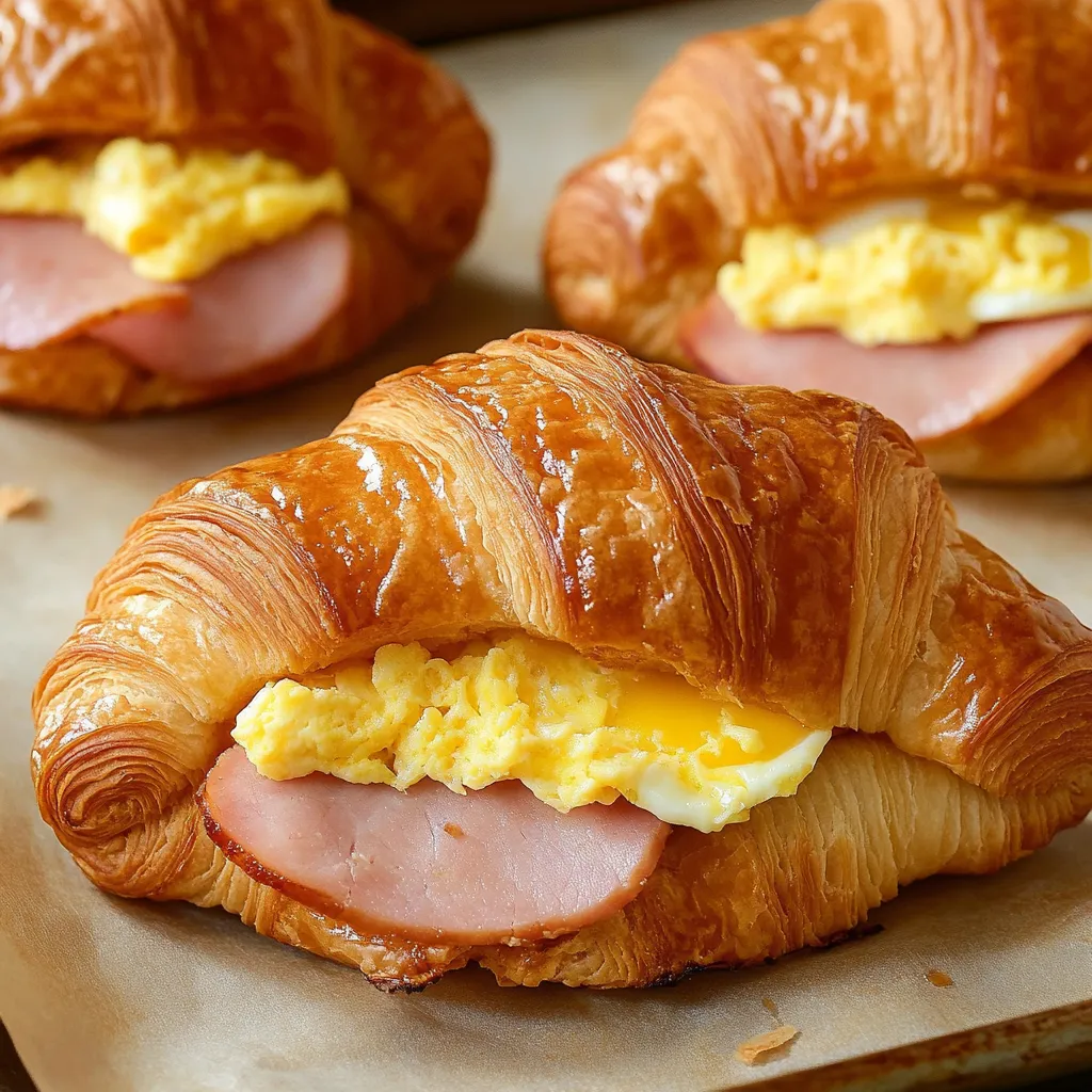A croissant breakfast sandwich with ham and egg.