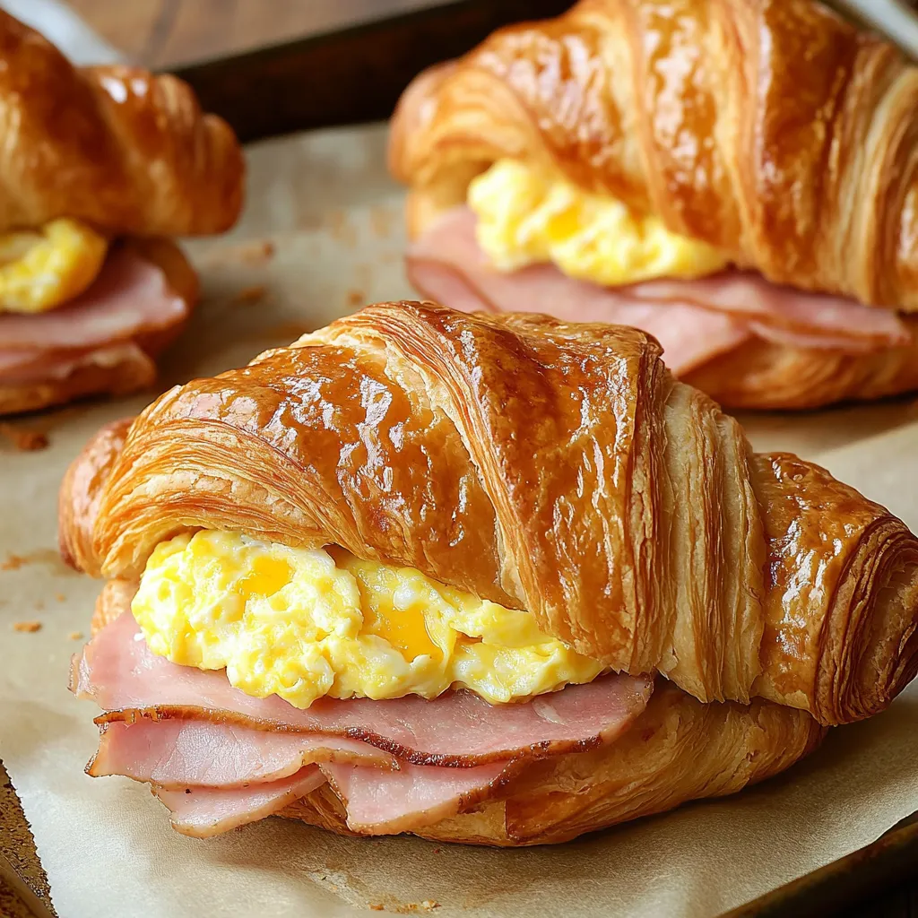 A croissant breakfast sandwich with ham and egg.