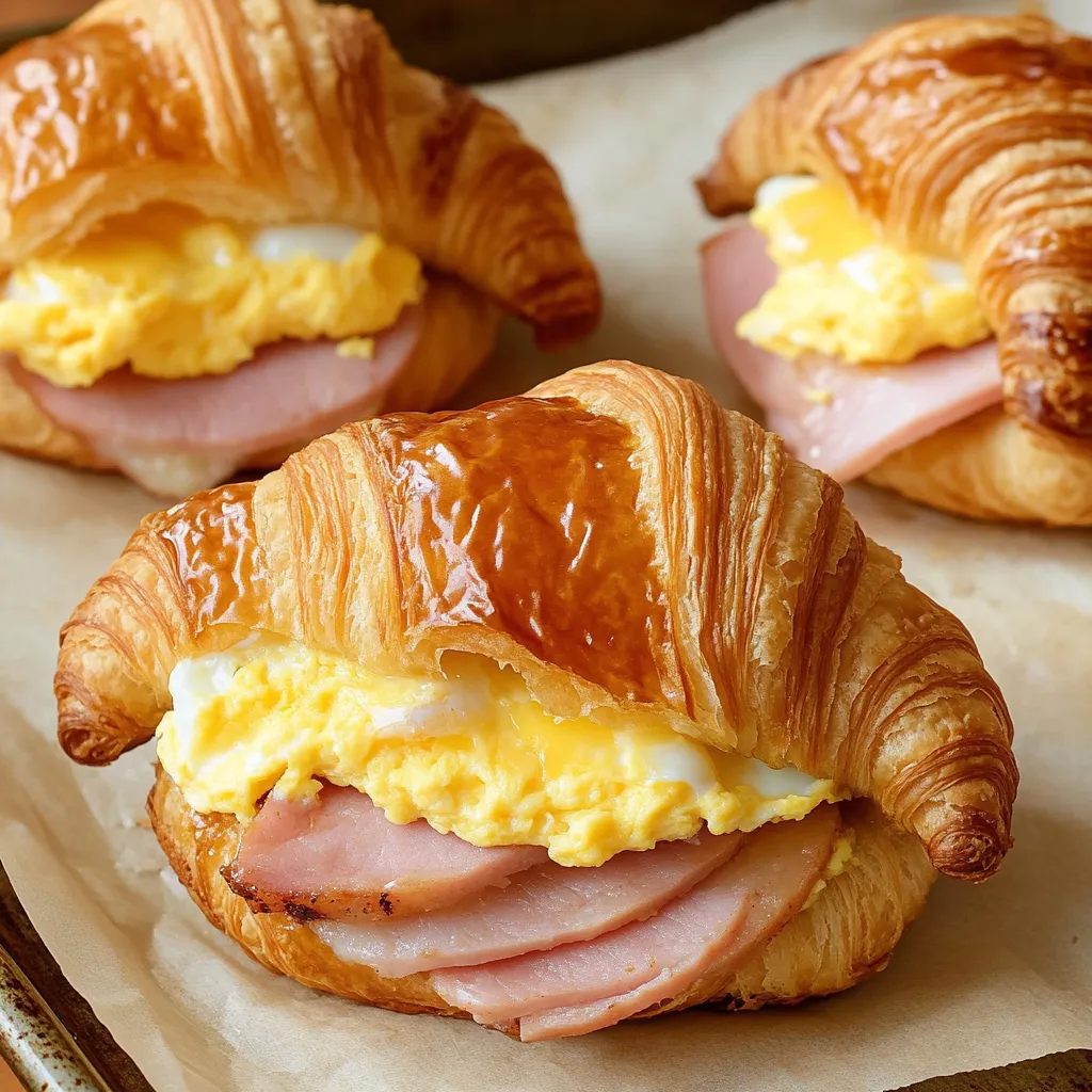 A croissant breakfast sandwich with ham and egg.