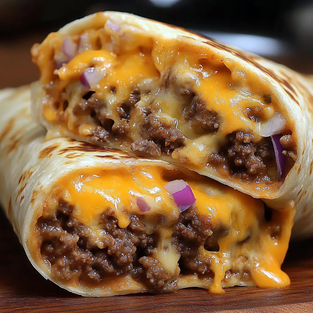 Two cheeseburger burritos on a table.