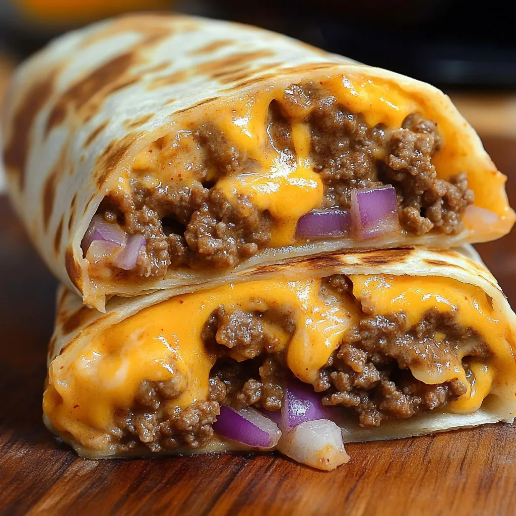 Two cheeseburger burritos on a table.