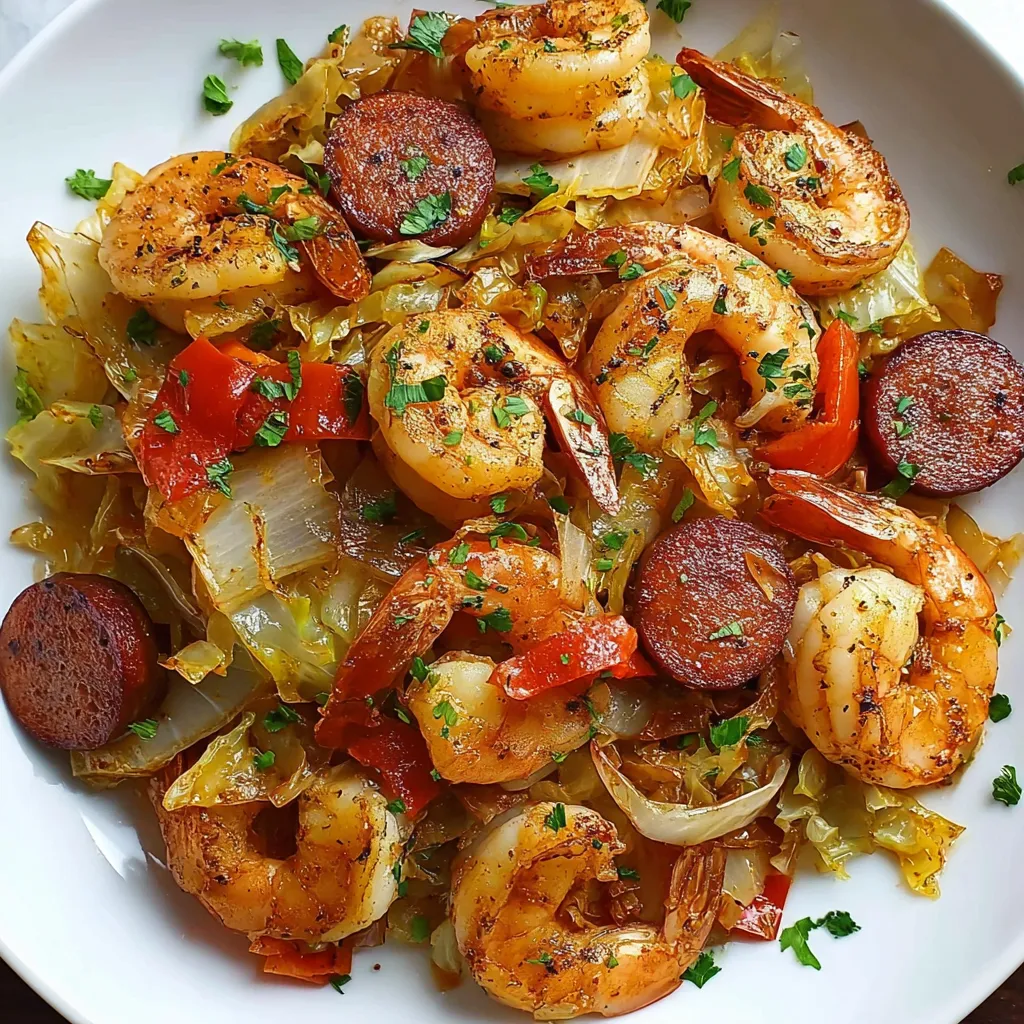 A plate of food with shrimp, sausage, and bacon.