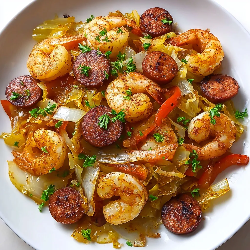 A plate of food with shrimp, sausage, and bacon.