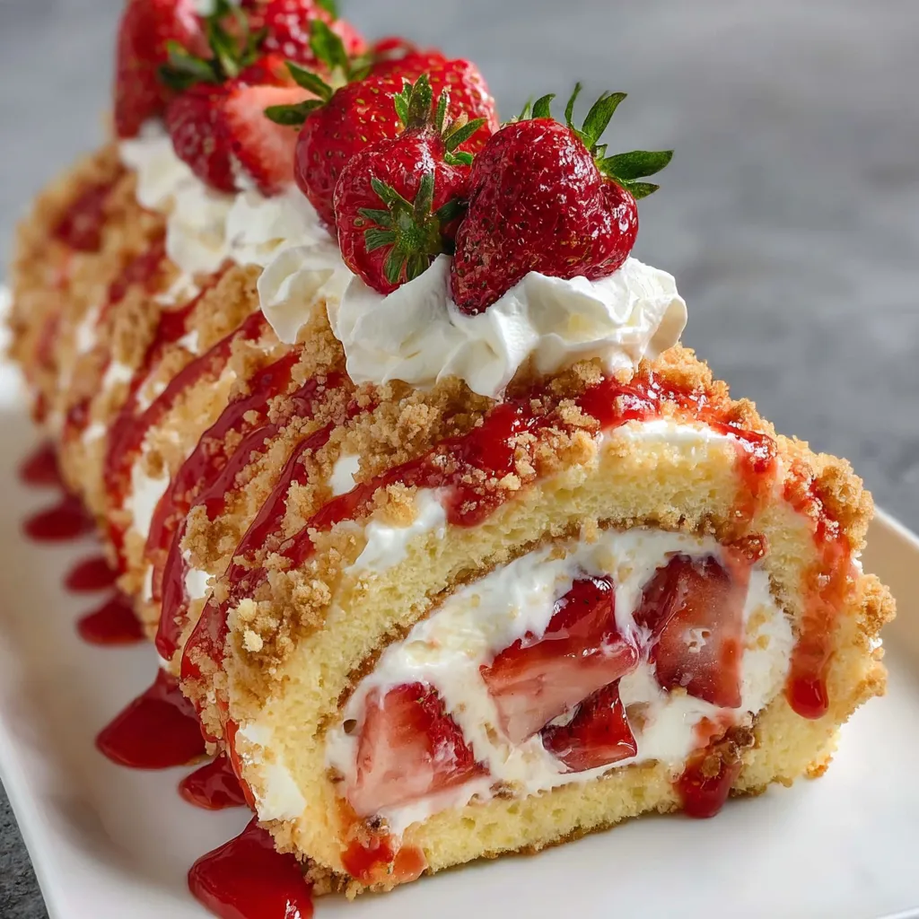 A delicious homemade strawberry shortcake cheesecake roll.