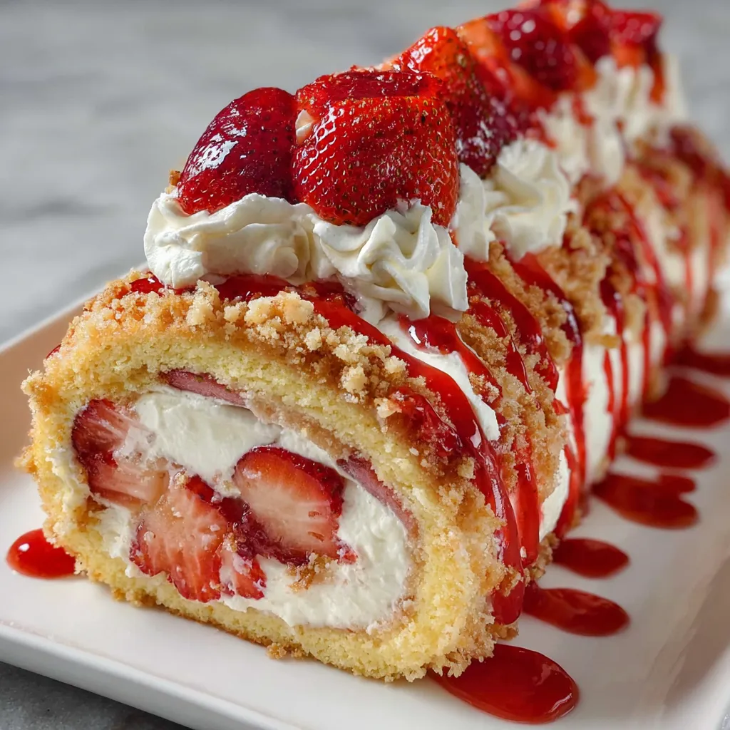 A homemade strawberry shortcake cheesecake roll.