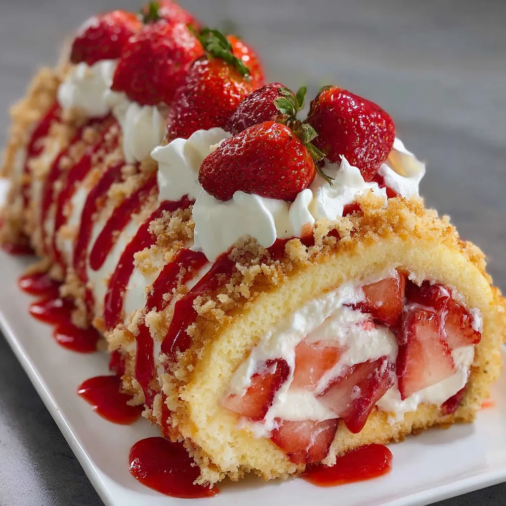 A homemade strawberry shortcake cheesecake roll.