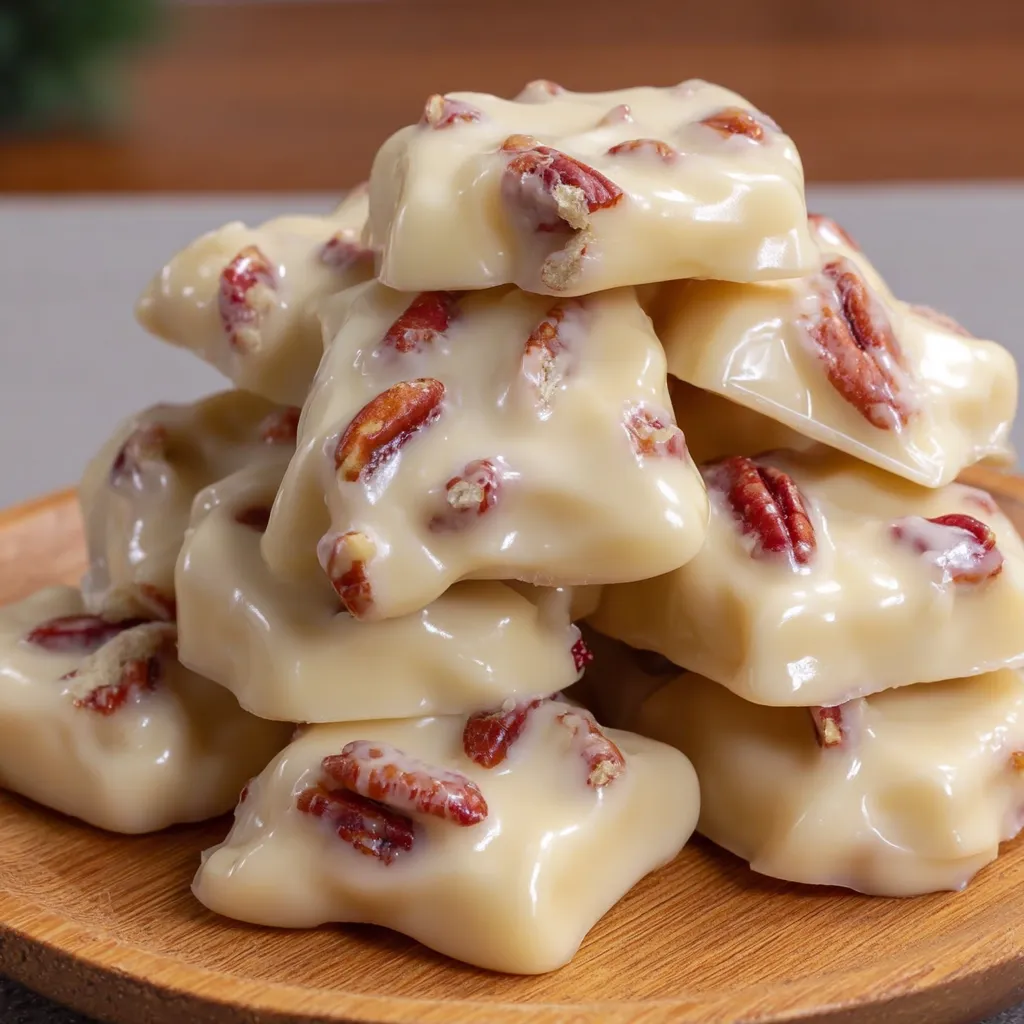 A stack of pecan pralines on a wooden table.