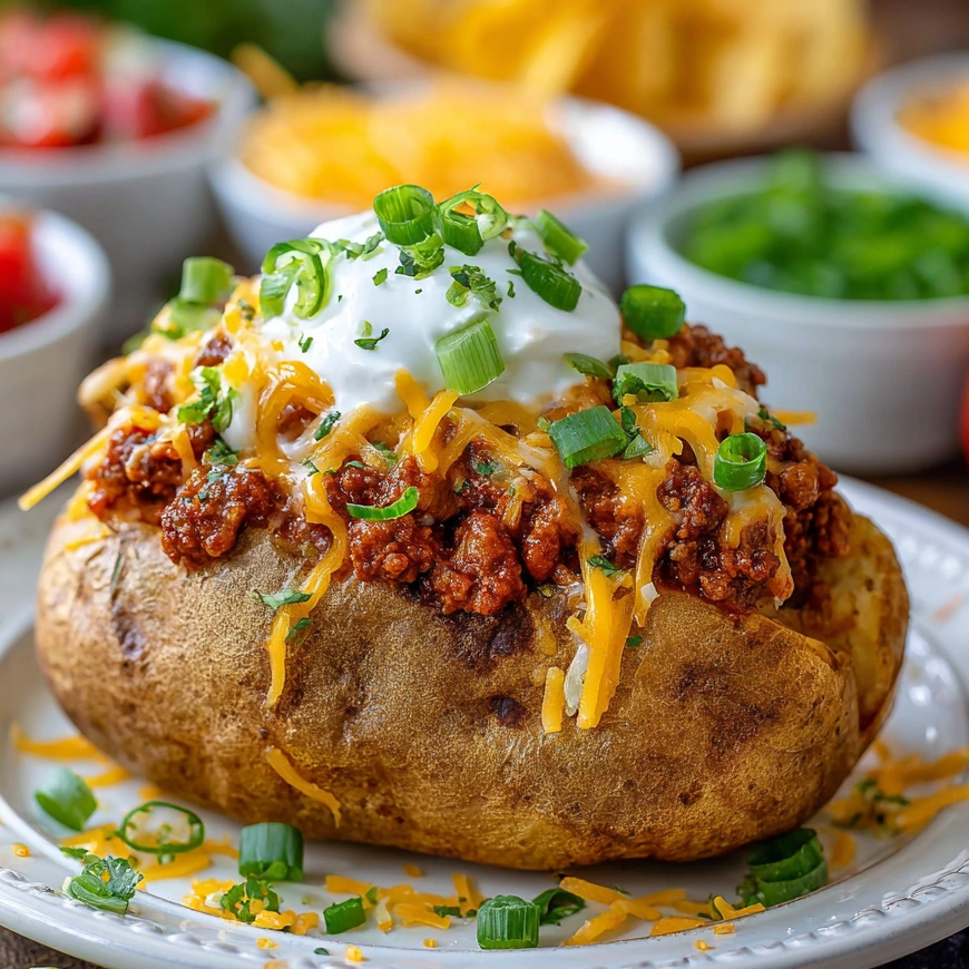 A plate of baked potatoes with a white topping.