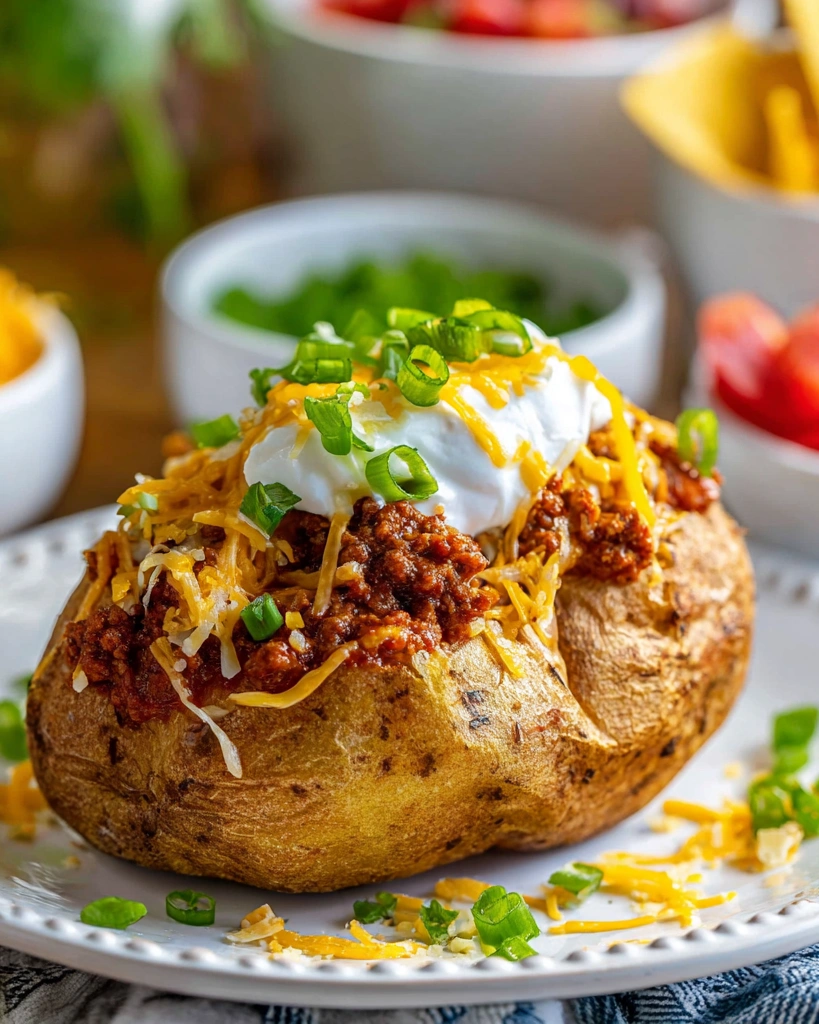 A baked potato with cheese and sour cream on top.