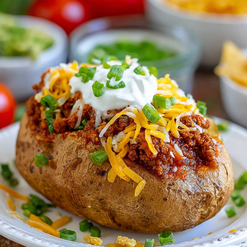 A plate of baked potatoes with cheese and sour cream on top.