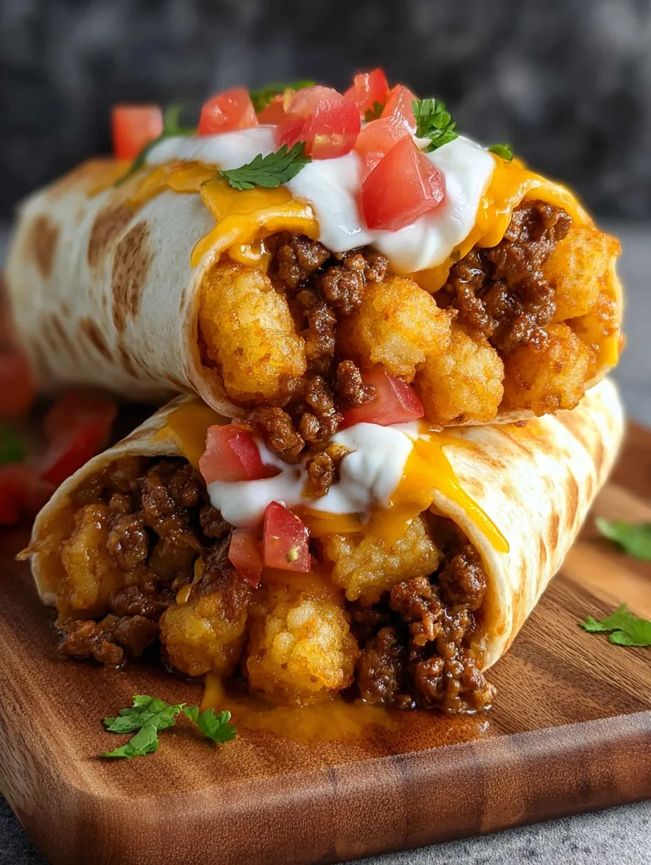 A cheesy potato burrito with beef.