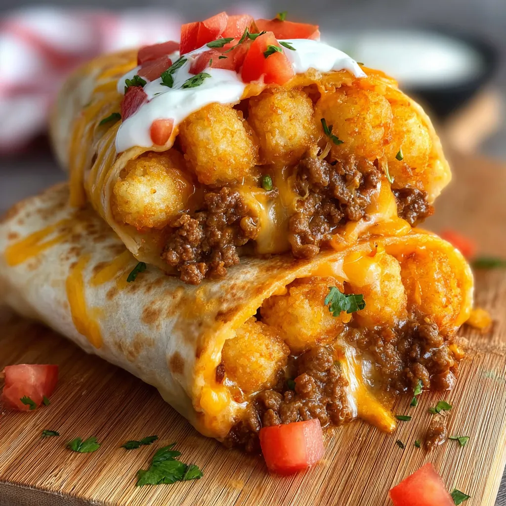 A cheesy potato burrito with beef.