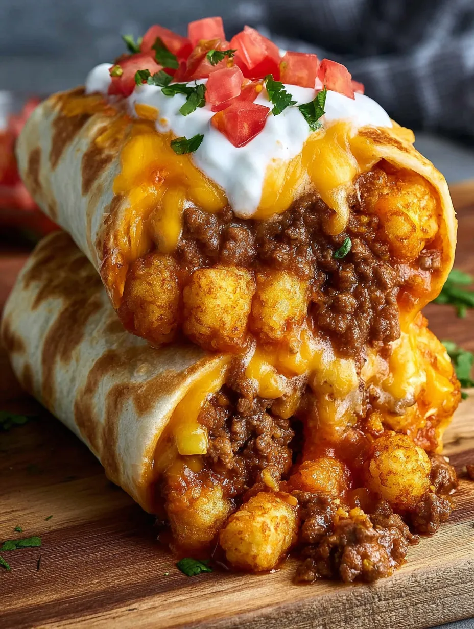 A cheesy potato burrito with beef.