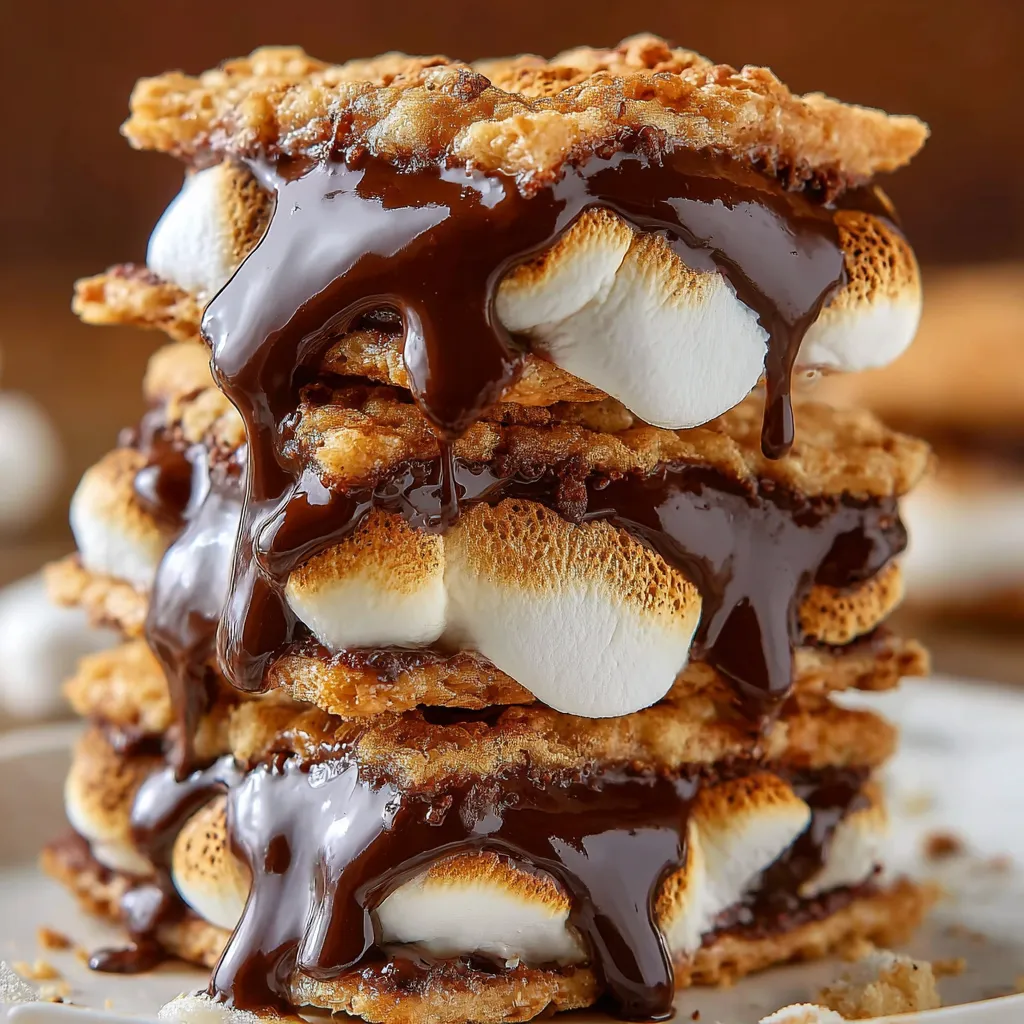 A stack of marshmallows with chocolate drizzled on top.