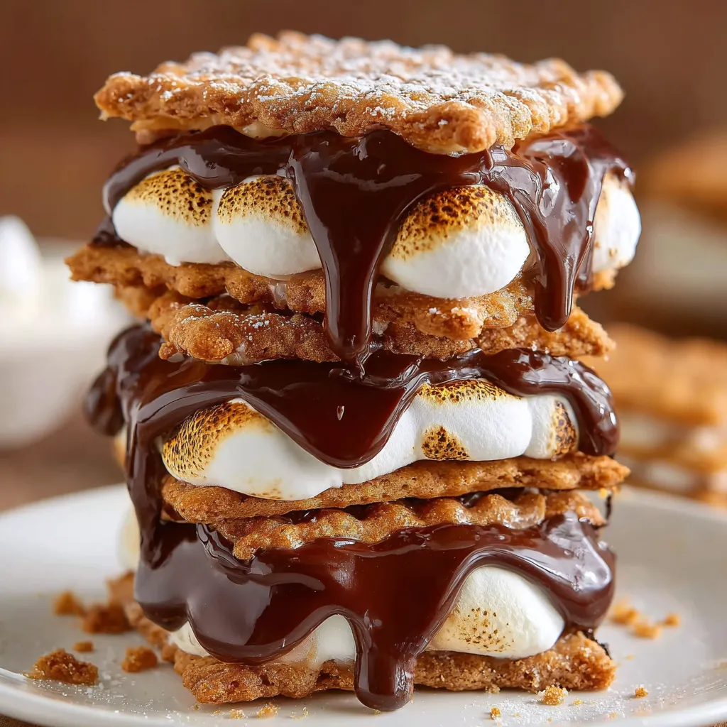 A stack of deep fried s'mores with chocolate drizzled on top.
