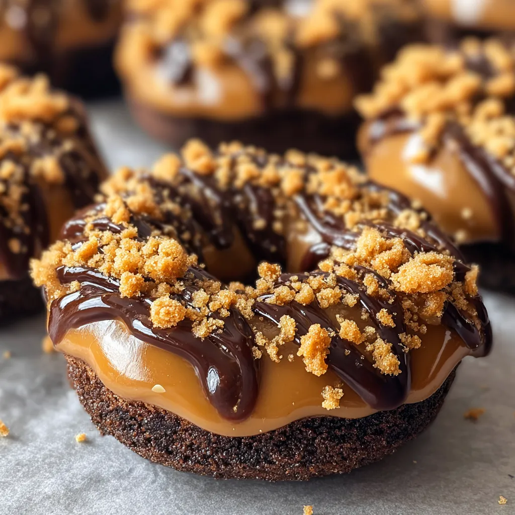 A chocolate covered donut with a caramel topping.