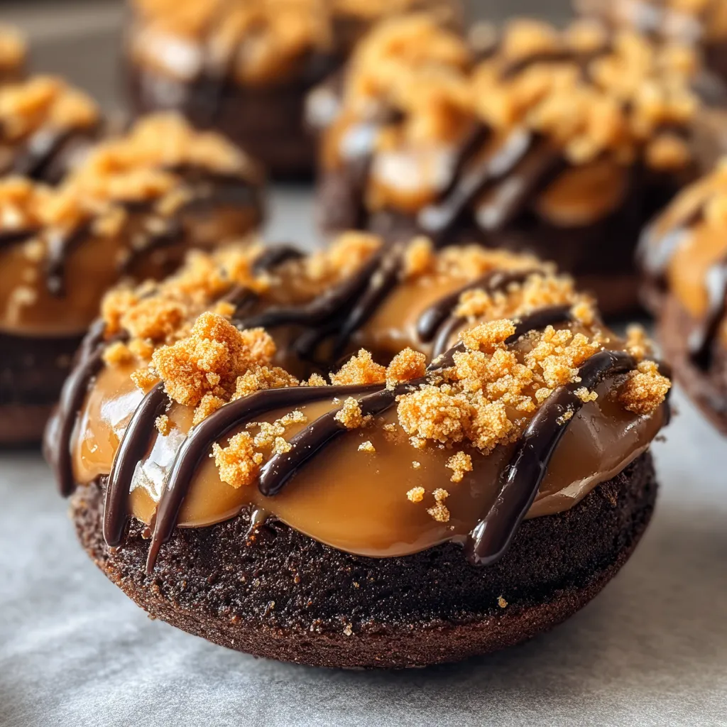 A close up of a chocolate donut with caramel and nuts.