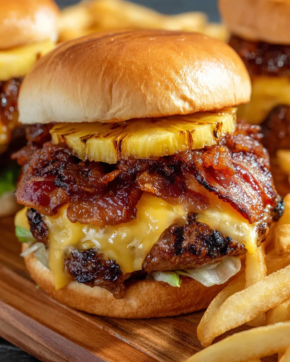 A pineapple bacon burger with a slice of pineapple on top.