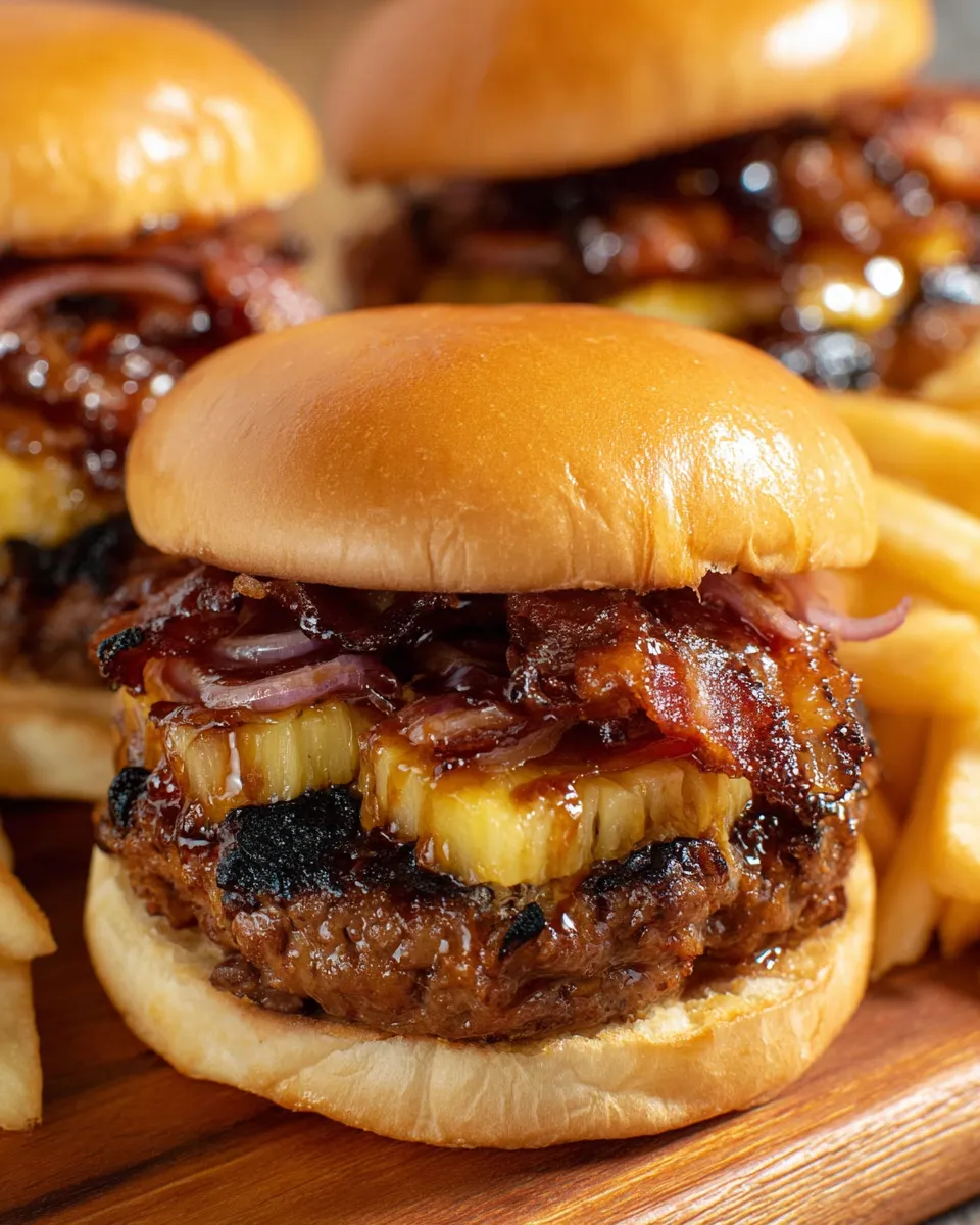 A close up of a pineapple bacon burger.