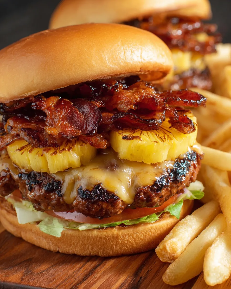 A pineapple bacon burger with french fries.