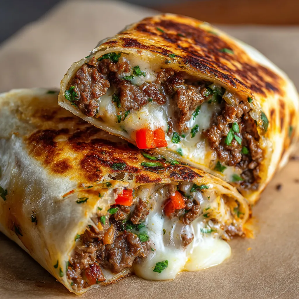 A close up of a Philly Cheesesteak Wrap.
