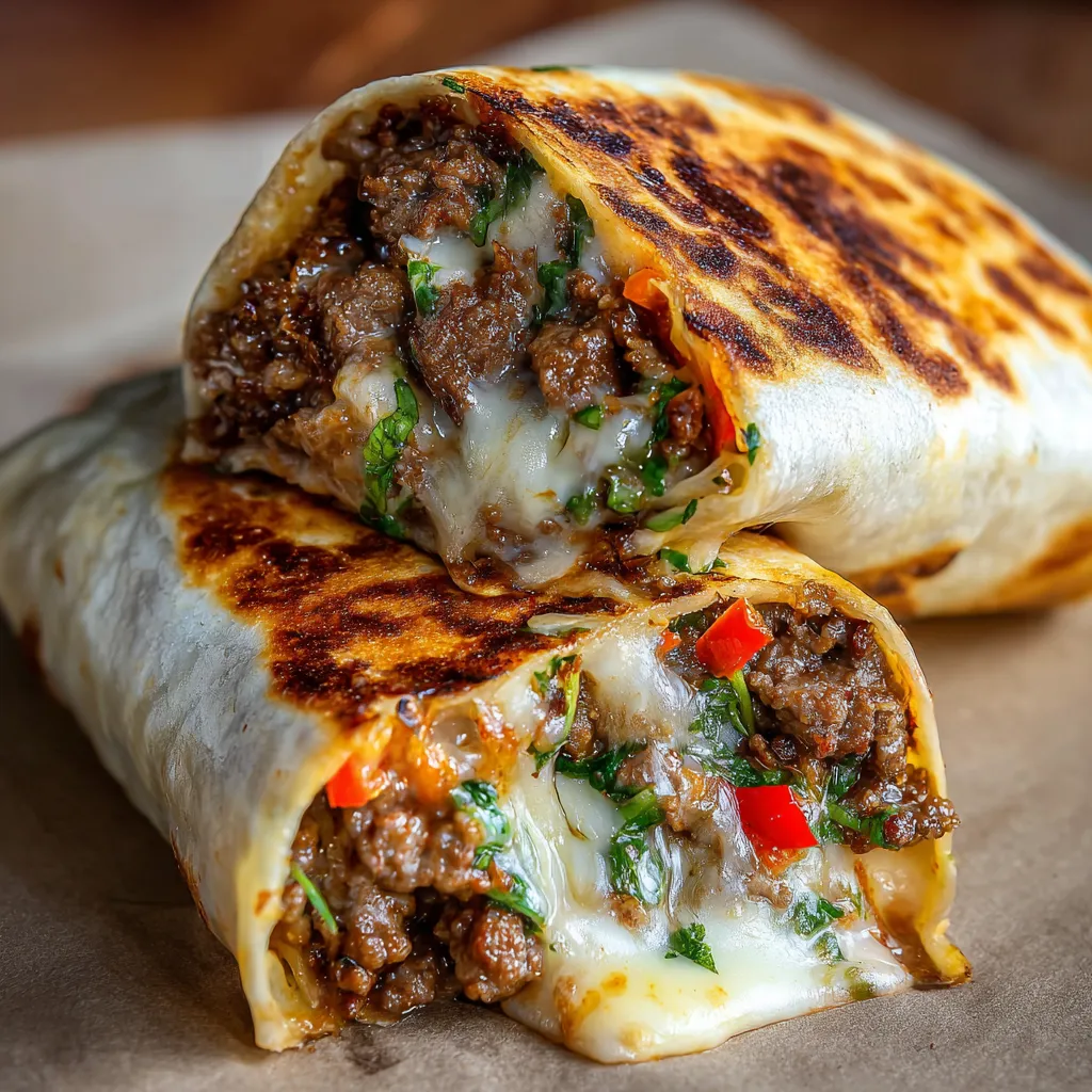 A close up of a Philly cheesesteak wrap.