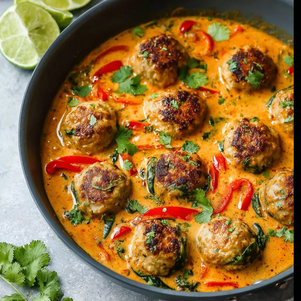 A bowl of meatballs in a coconut curry sauce.