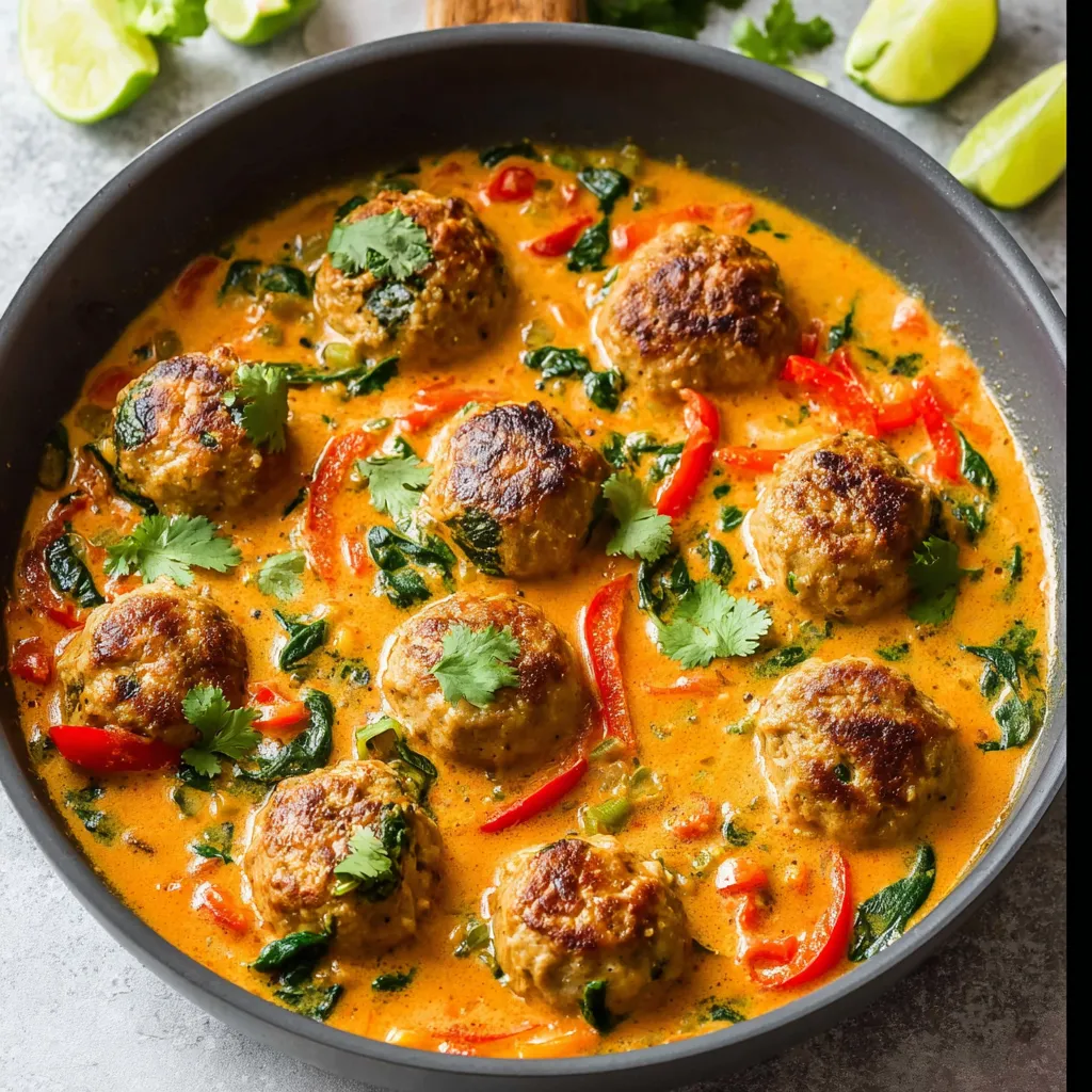 A bowl of meatballs in a coconut curry sauce.
