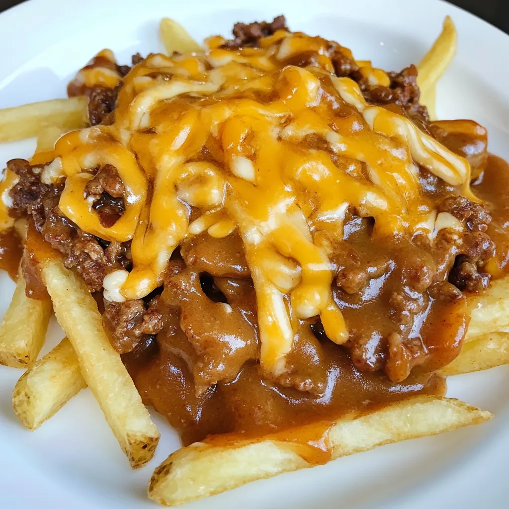 A plate of food with a cheese sauce and french fries.