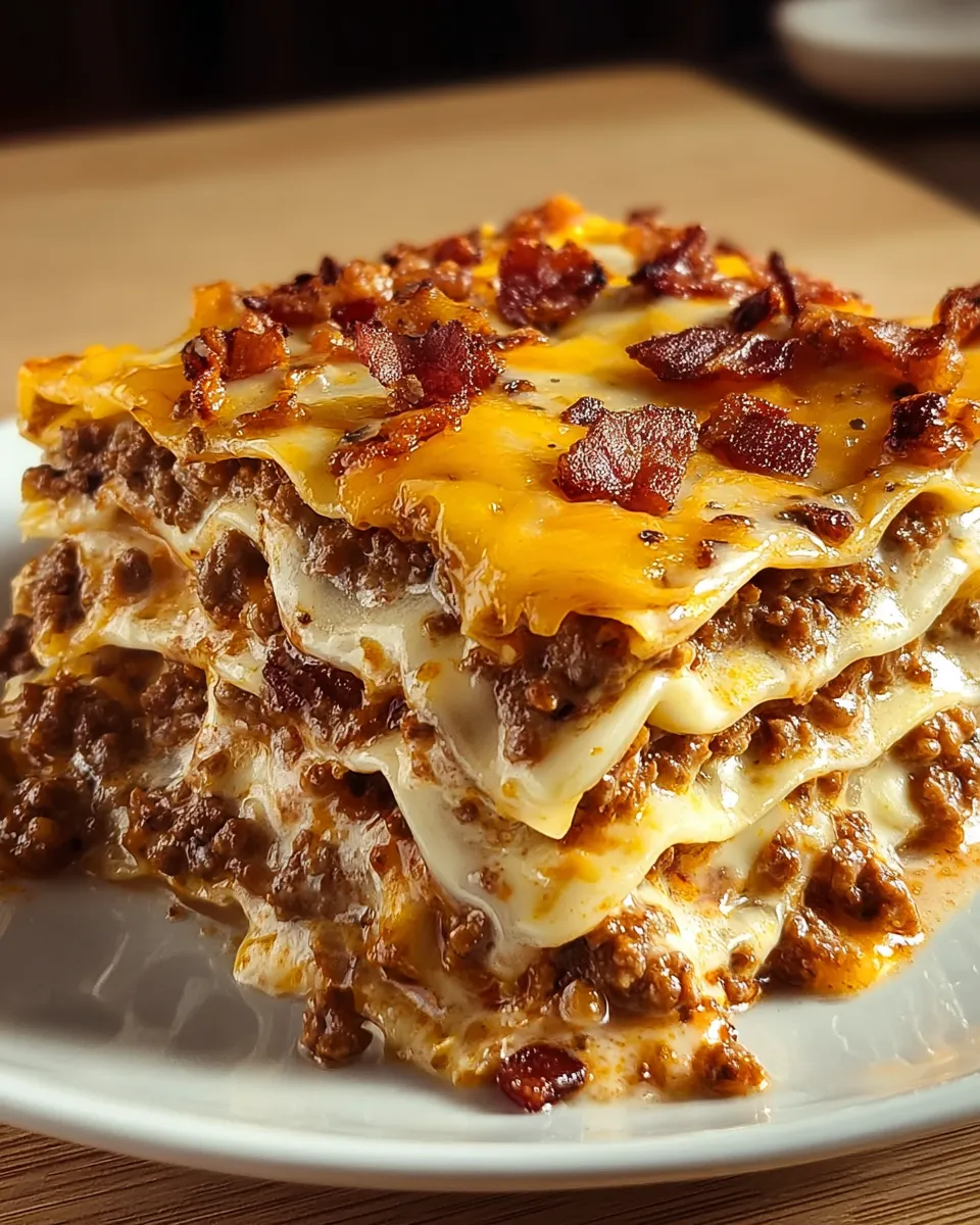A stack of Parmesan Garlic Bacon Cheeseburger Lasagna.
