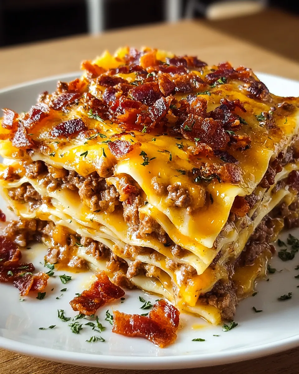 A plate of Parmesan Garlic Bacon Cheeseburger Lasagna.