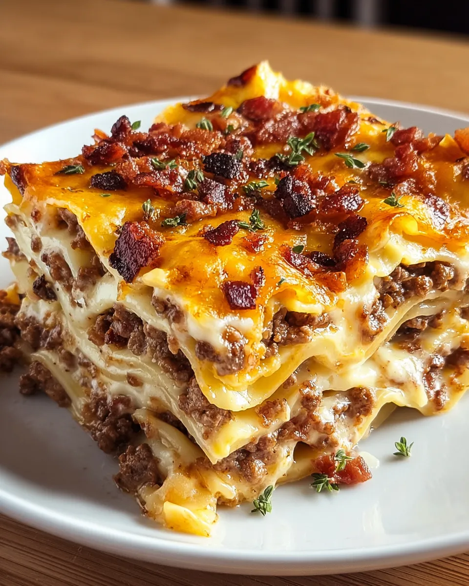 A plate of Parmesan Garlic Bacon Cheeseburger Lasagna.