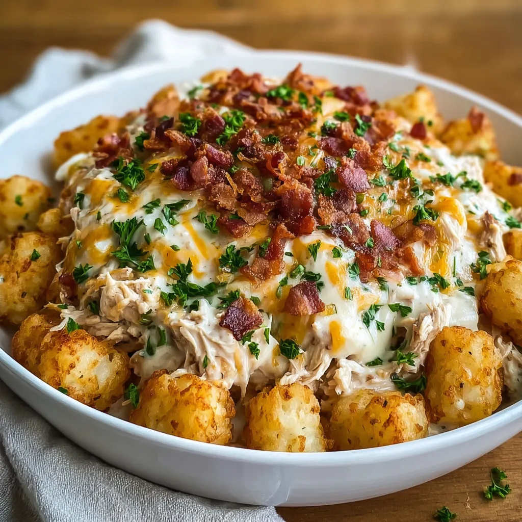 A bowl of chicken bacon ranch tater tot casserole.