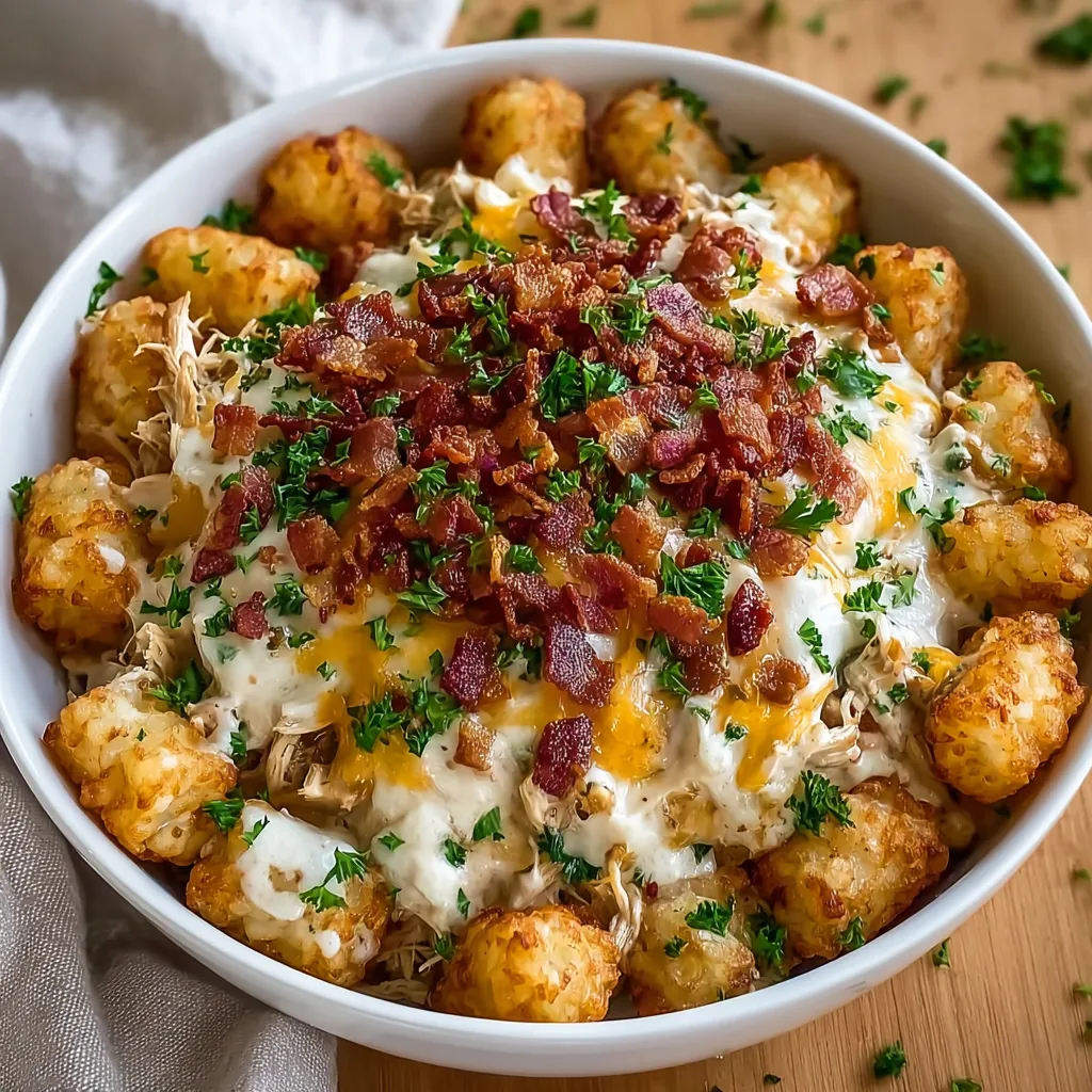 A bowl of chicken bacon ranch tater tot casserole.