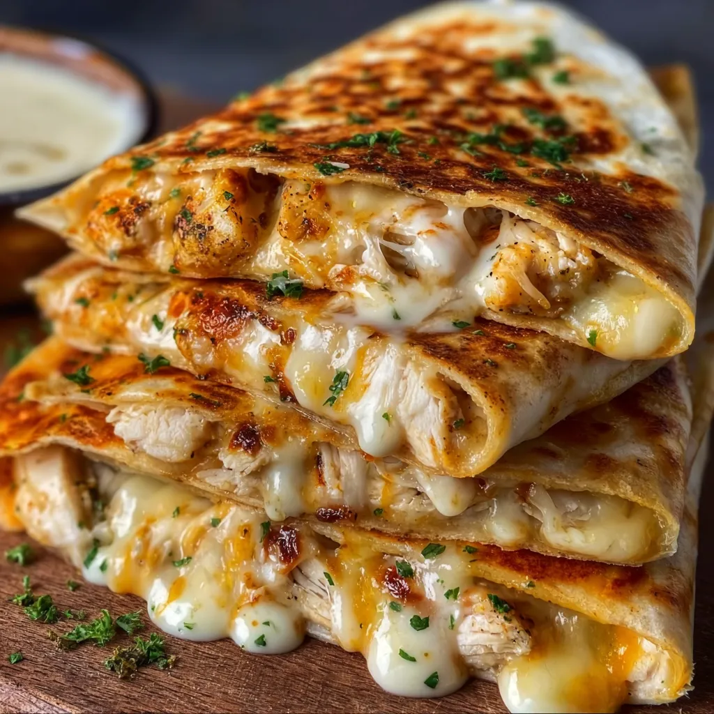 A stack of cheesy garlic chicken wraps.