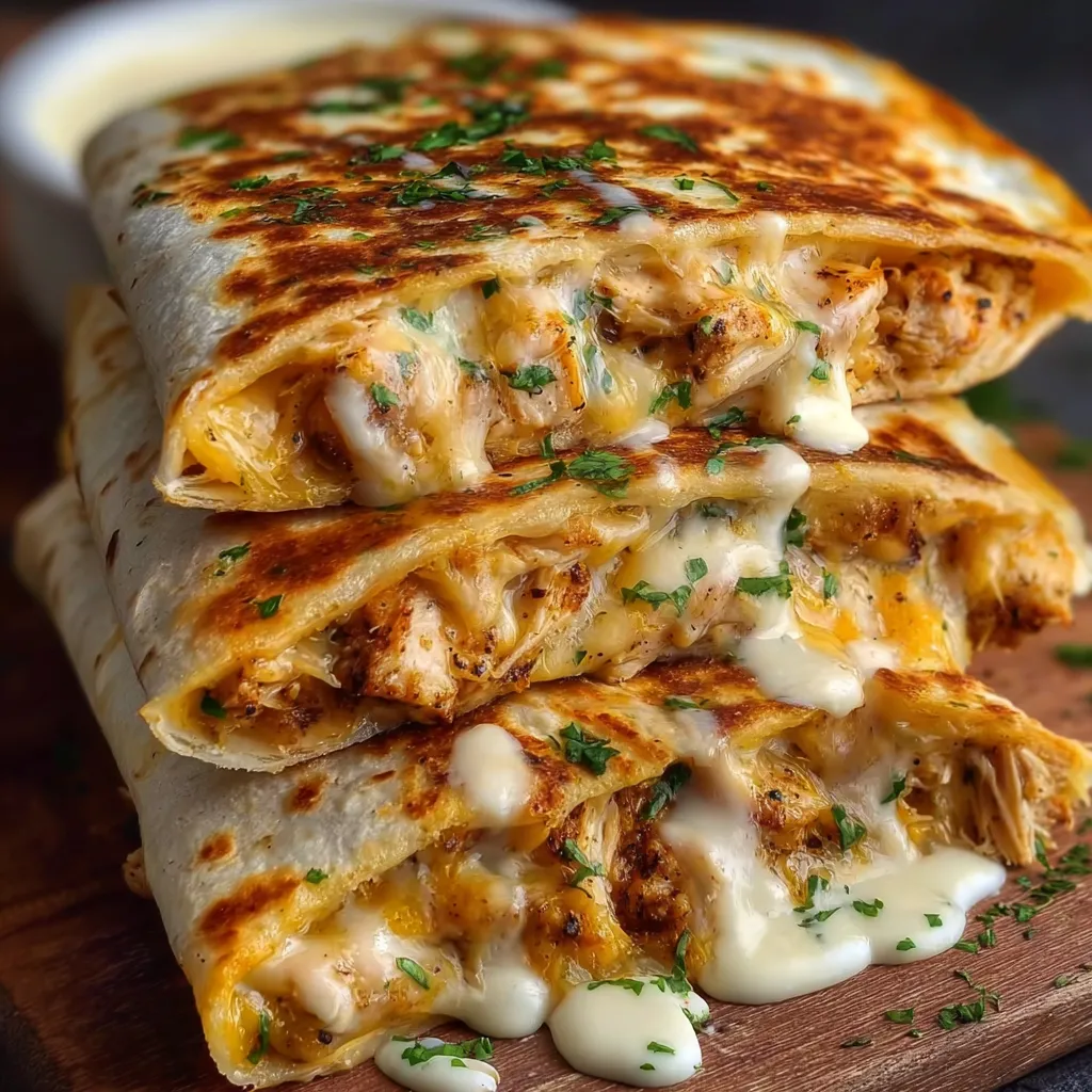 Cheesy garlic chicken wraps stacked on a wooden table.
