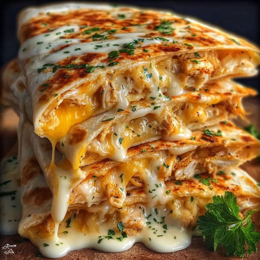 A stack of cheesy garlic chicken wraps.