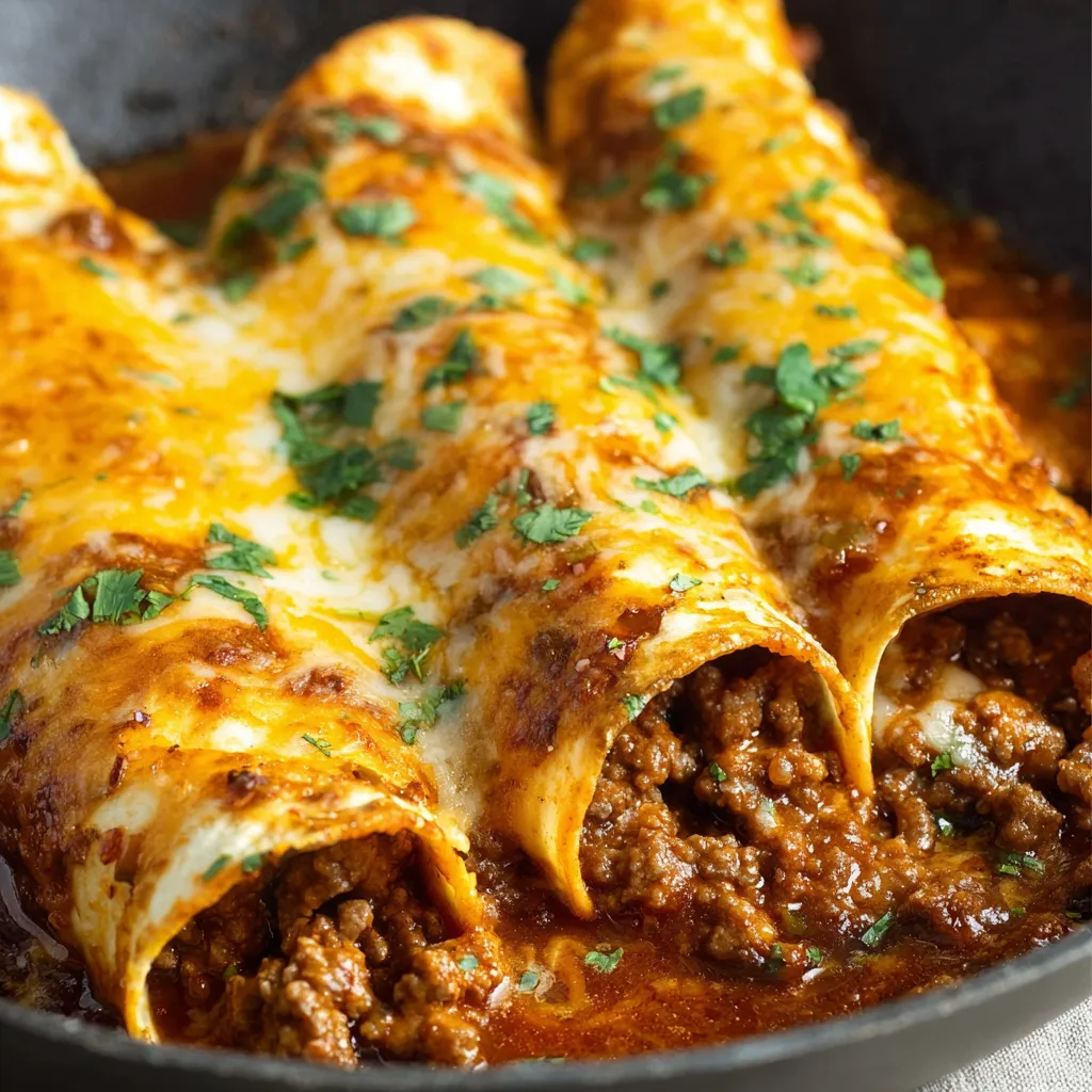 A plate of beef enchiladas with red sauce.