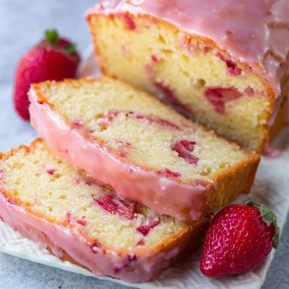 A slice of moist strawberry pound cake.
