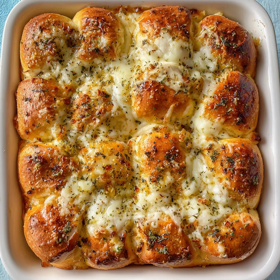 A white plate with cheesy garlic rolls.