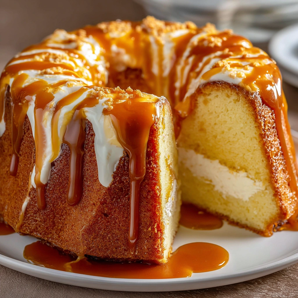 A slice of caramel cream cheese pound cake.