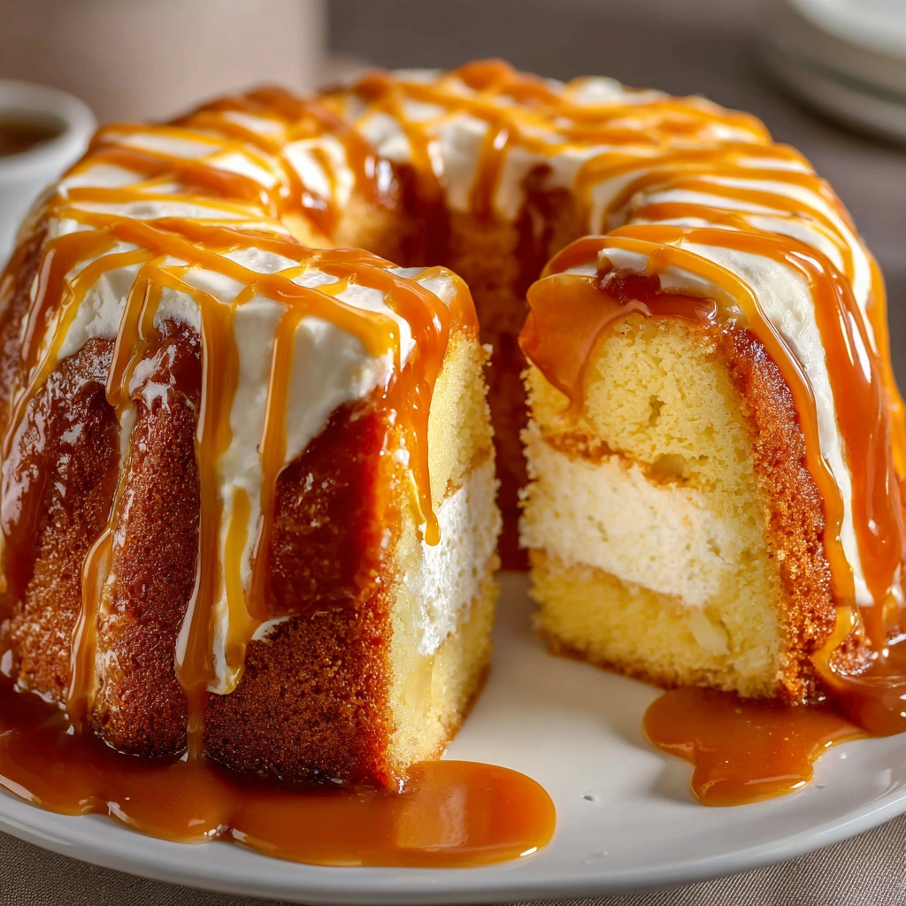A slice of caramel cream cheese pound cake.