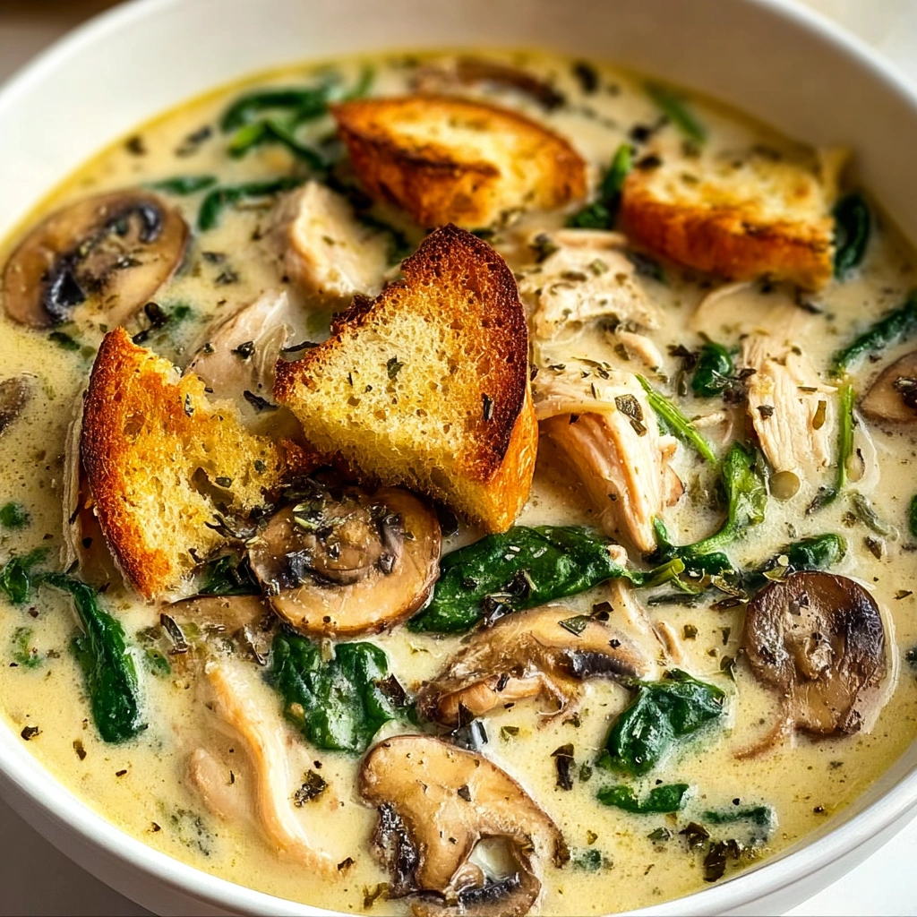A bowl of soup with mushrooms and bread.