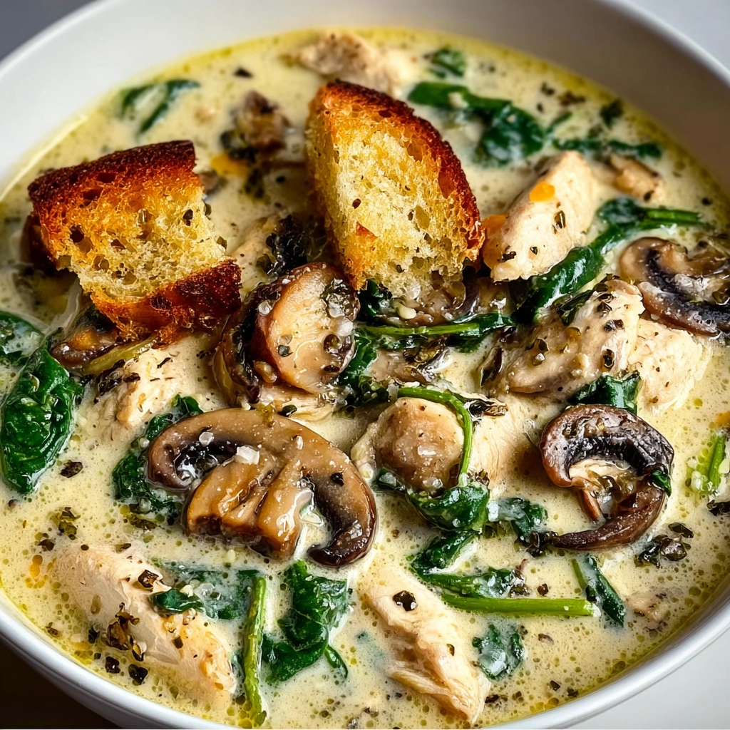 A bowl of creamy rotisserie chicken mushroom soup.