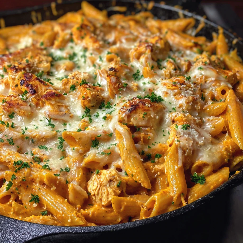 A skillet with a cheesy, creamy, and dreamy dish.