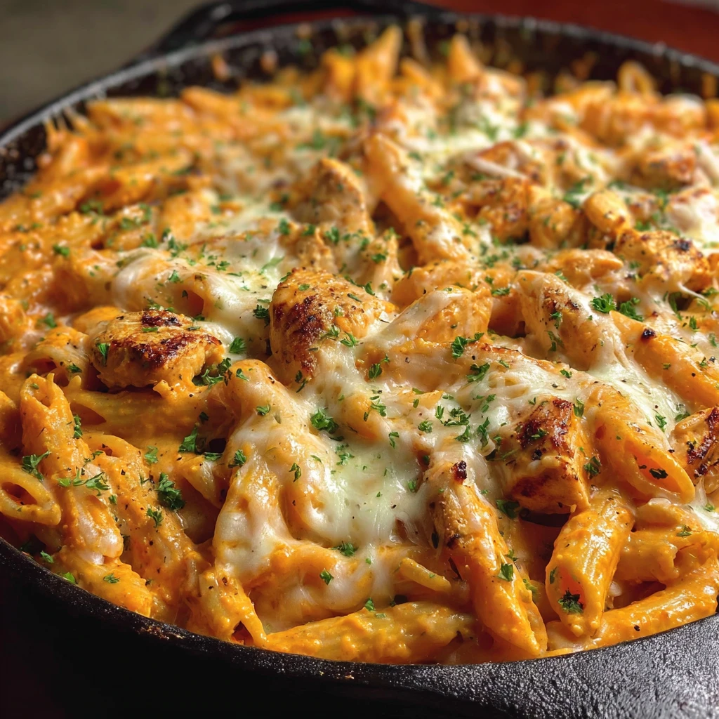 A skillet of cheesy pasta.