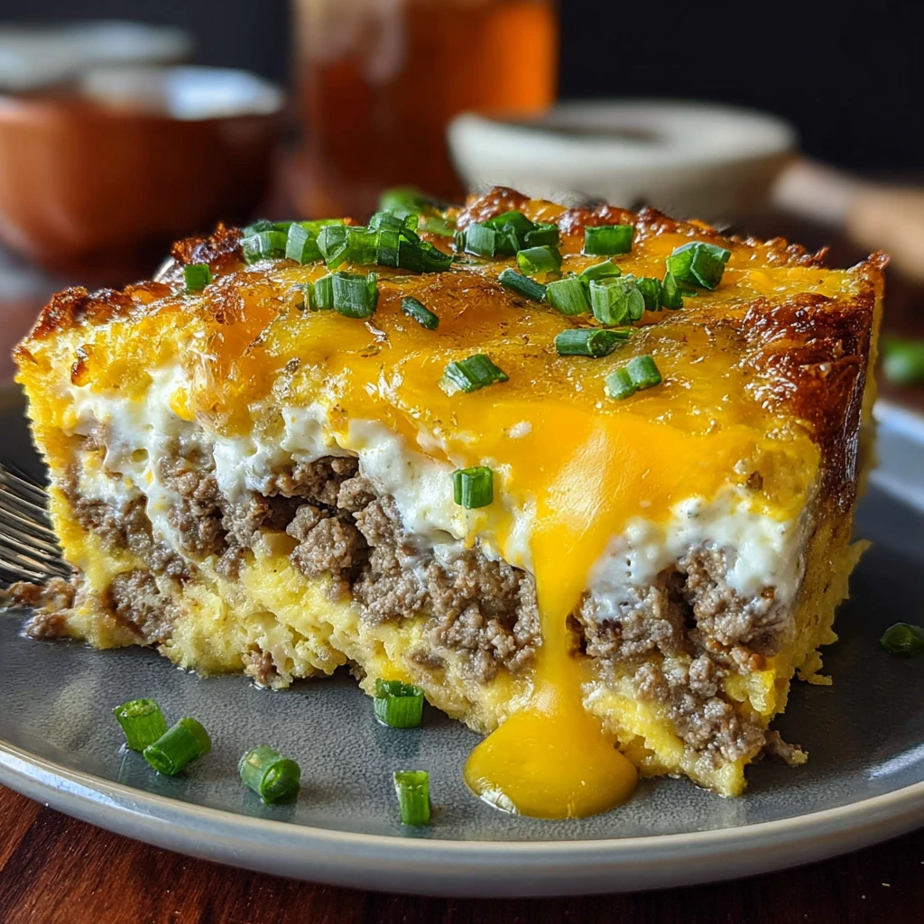 A slice of sausage, egg, and cream cheese casserole.